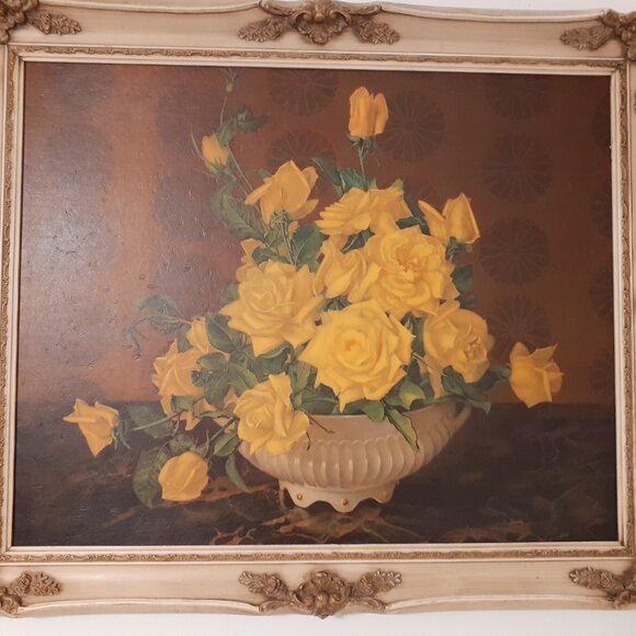 1959 YELLOW ROSE BOUQUET FRAMED PAINTED ART, GORGEOUS - Picture 5 of 16